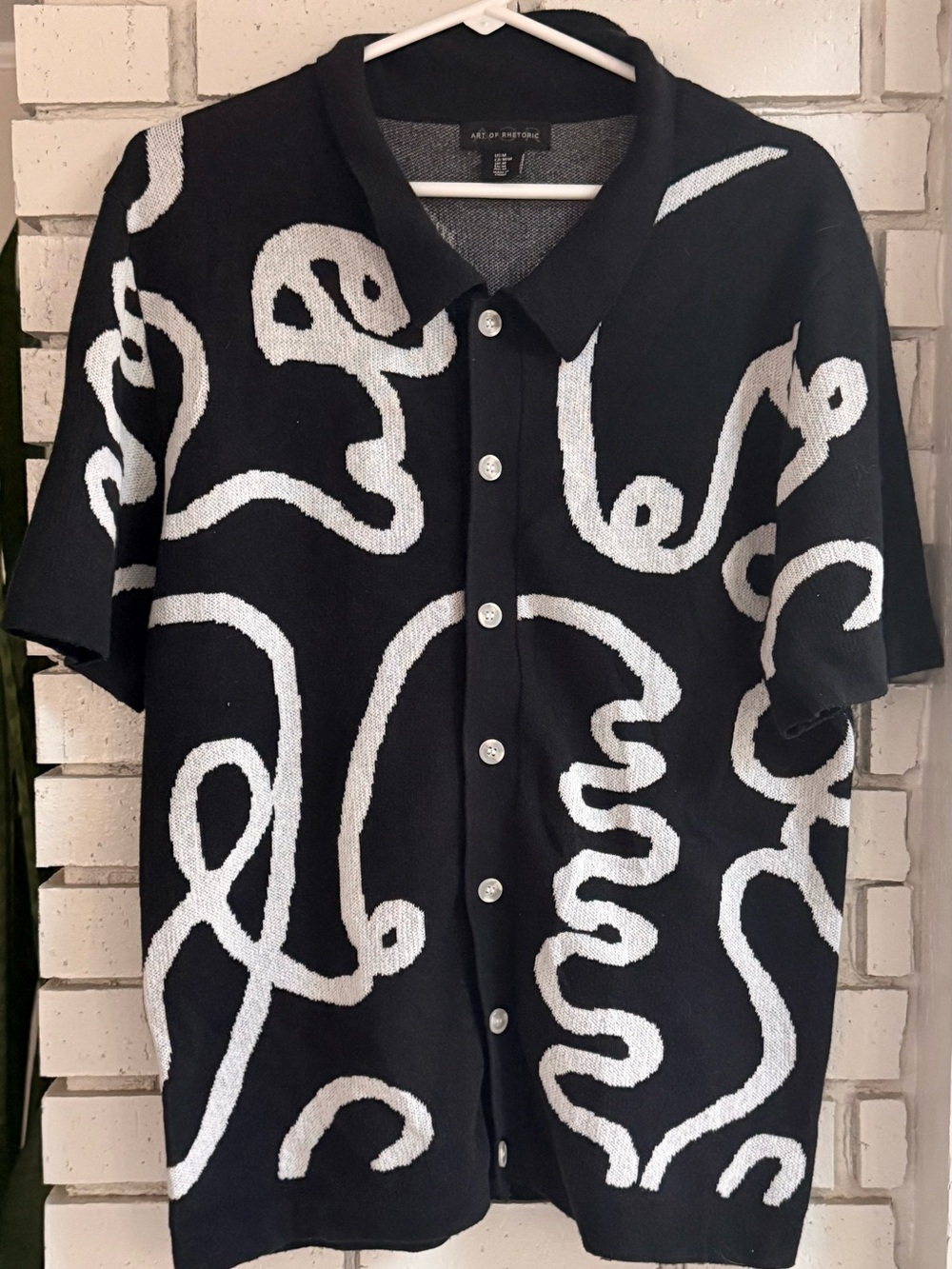Art of Rhetoric Abstract Knit Button Shirt Black White Camp Collar Men's